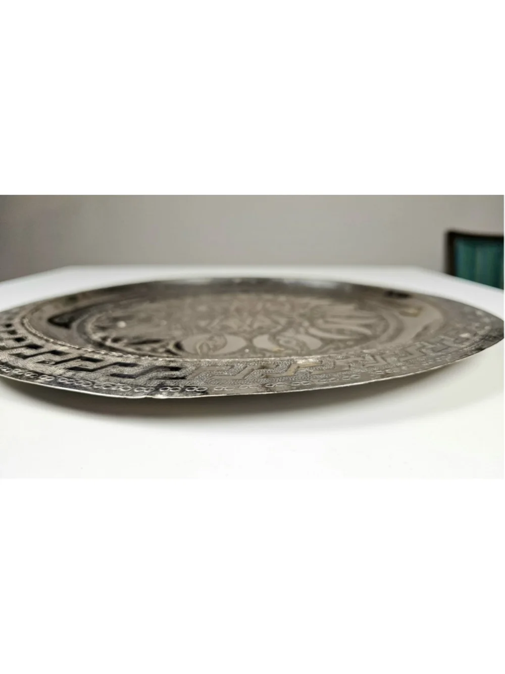 Vintage Moroccan Tea Tray Silver Plated Hand Engraved Geometric 13.5